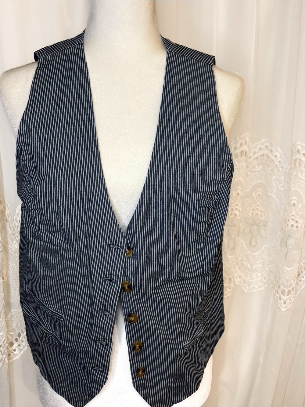 Rachel Zoe Blue & White Pinstripe Button Front Tailored Vest | Size M